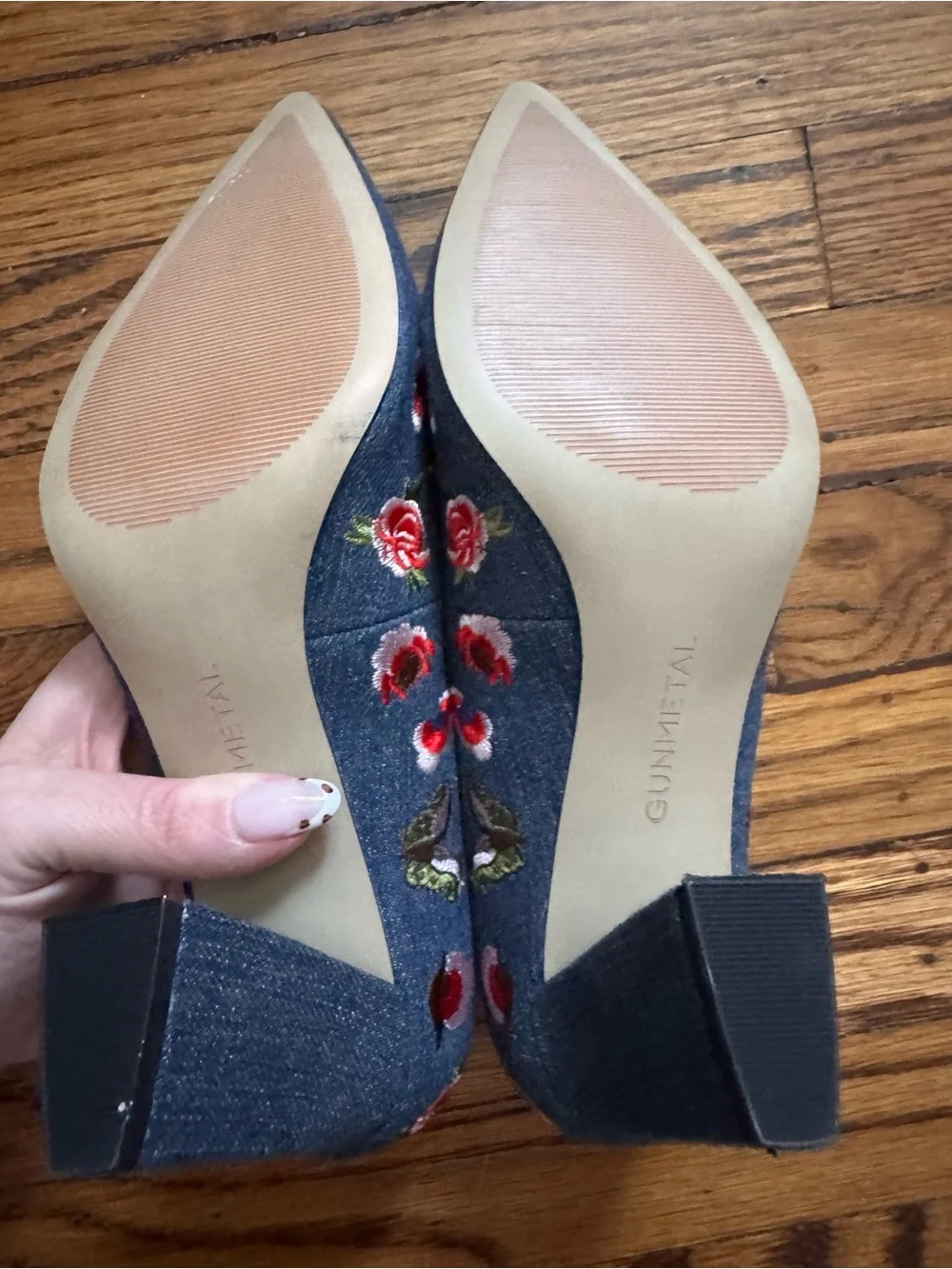 Embroidered Denim Pointed-Toe Pumps in Blue with Red Floral Detail